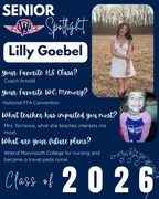 West Central High School Senior Spotlight for Lilly Goebel, Class of 2026. The graphic shows Lilly in a white dress and boots standing in an open field, paired with a childhood photo of her smiling in pink and purple pajamas. Text highlights her favorite 